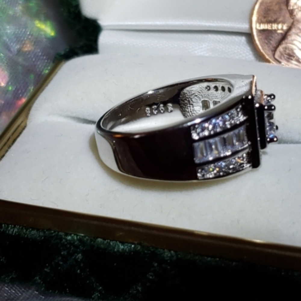 14K White Gold Sterling Silver Wedding Thick Heavy Masculine Ring Luxury - Picture 4 of 13